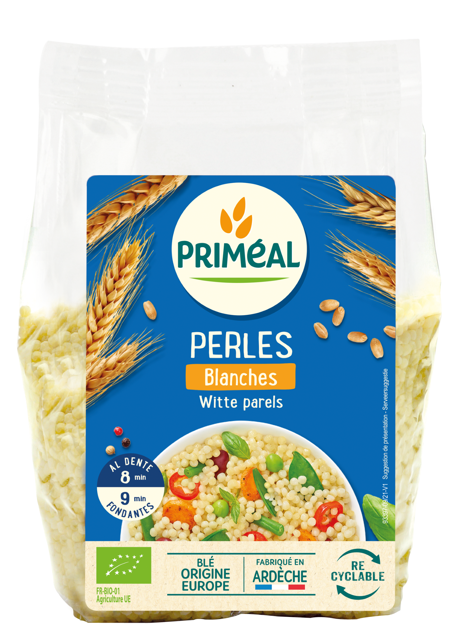 Primeal Witte parels bio pasta in 500g package, small white pearl-shaped organic rice product on a white background.