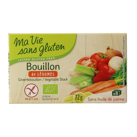 Ma Vie Sans glutenvrije biologische groentebouillon in 72g package, shown in the image with fresh vegetables and herbs.