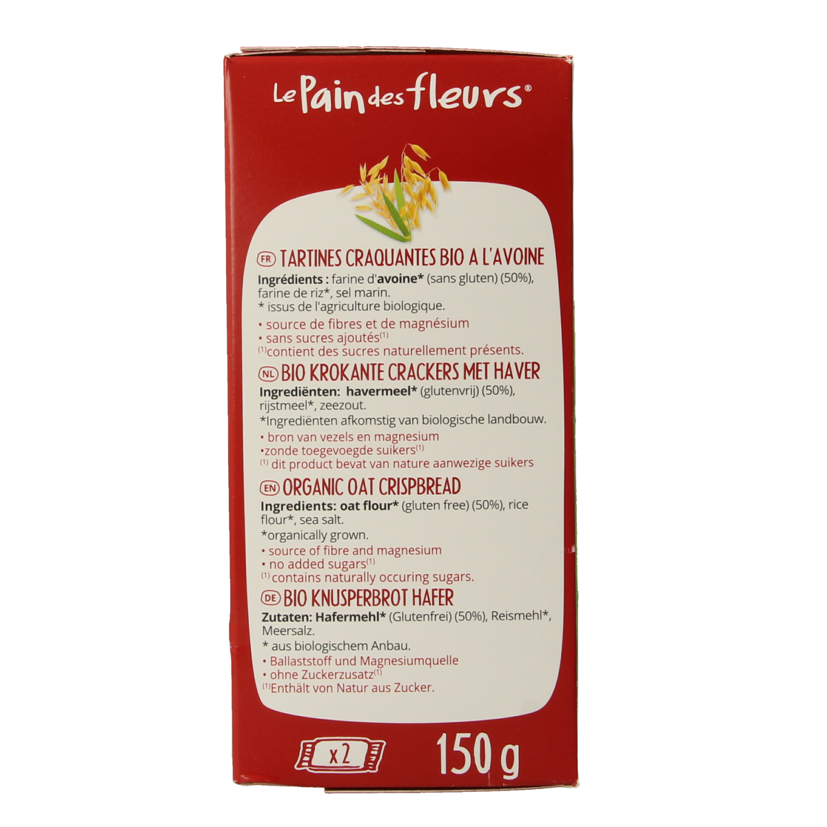 Pain Des Fleurs Krokante crackers haver glutenvrij bio  150.00 Gram