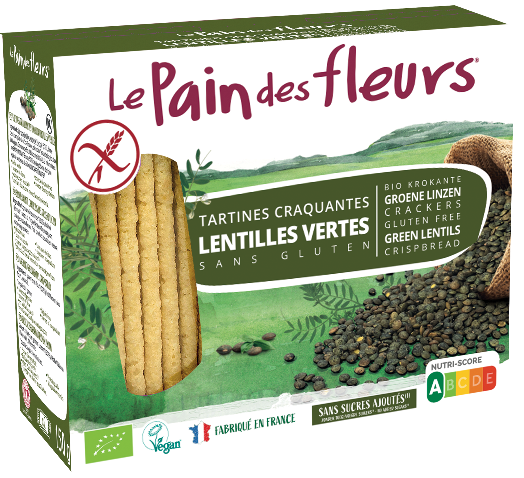 Pain Des Fleurs Krokante crackers groene linzen glutenvrij bio 150 Gram