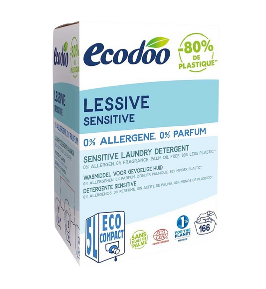 Ecodoo Sensitive liquid laundry detergent for delicate fabrics, 5-liter eco-friendly washing solution.