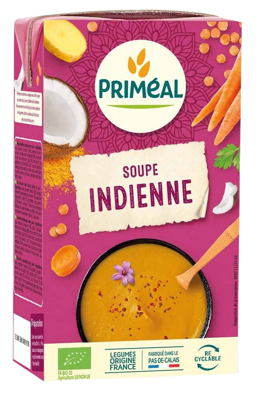 Primeal Indiase rode linzensoep with coconut and curry in a 1-liter container, part of Primeal's organic soup and broth range.