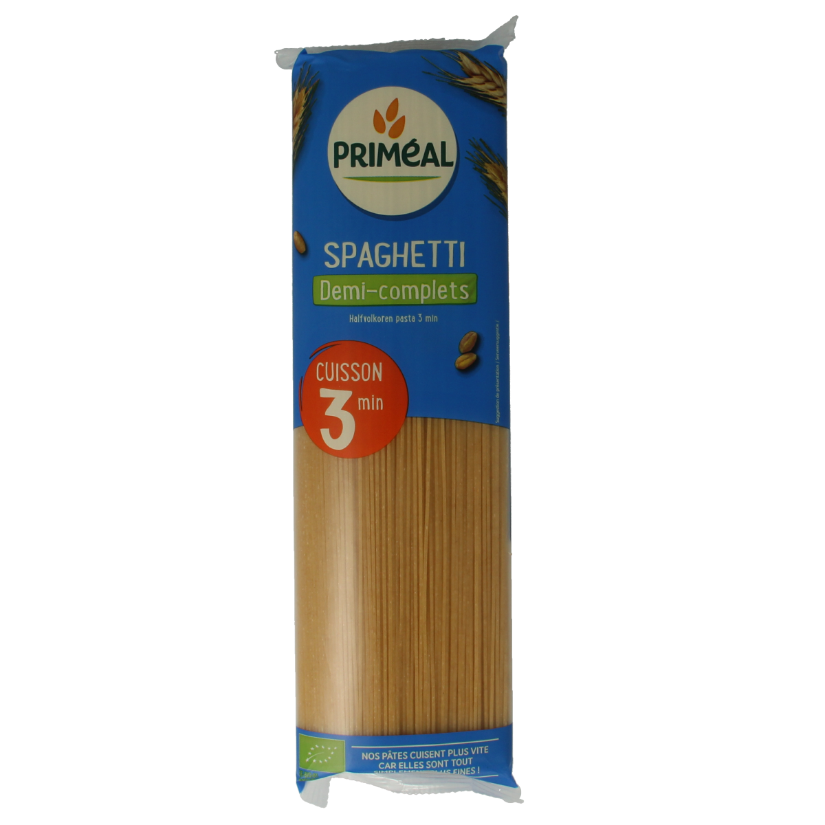 Primeal half-volkoren snelkokende biologische spaghetti in een 500g verpakking, ideaal voor pasta en rijst gerechten.
