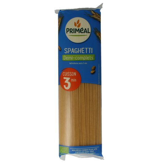 Primeal organic half-whole wheat quick-cook spaghetti in a 500g package, ideal for healthy pasta dishes.