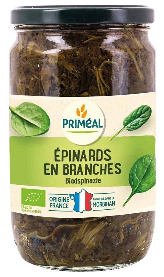 Primeal organic bladspinazie in 720ml container, fresh green leafy vegetable for cooking and salads.