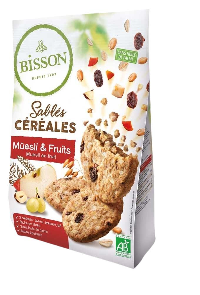 Bisson Zandkoekjes muesli and fruit organic biscuits in a 200g package, showing golden-brown cookies with visible fruit pieces.