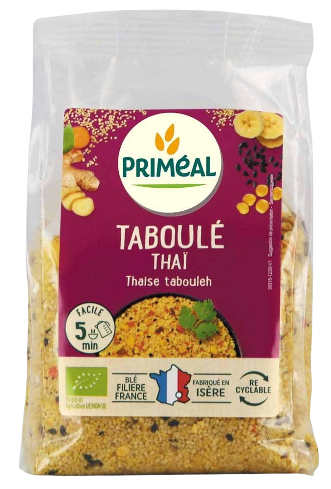 Primeal Thai-style tabouleh organic salad in a 300g package, featuring fresh vegetables and herbs.
