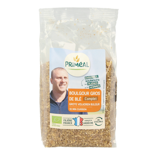 Primeal organic wheat bulgur in 400g package, gluten-free whole grain pasta and rice product from France.