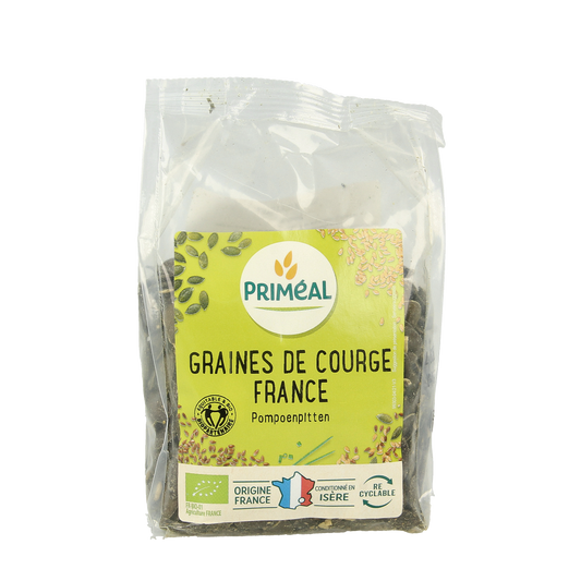 Raw French organic pumpkin seeds by Primeal, 250g, shown in a clear bag, perfect for superfoods and healthy snacking.