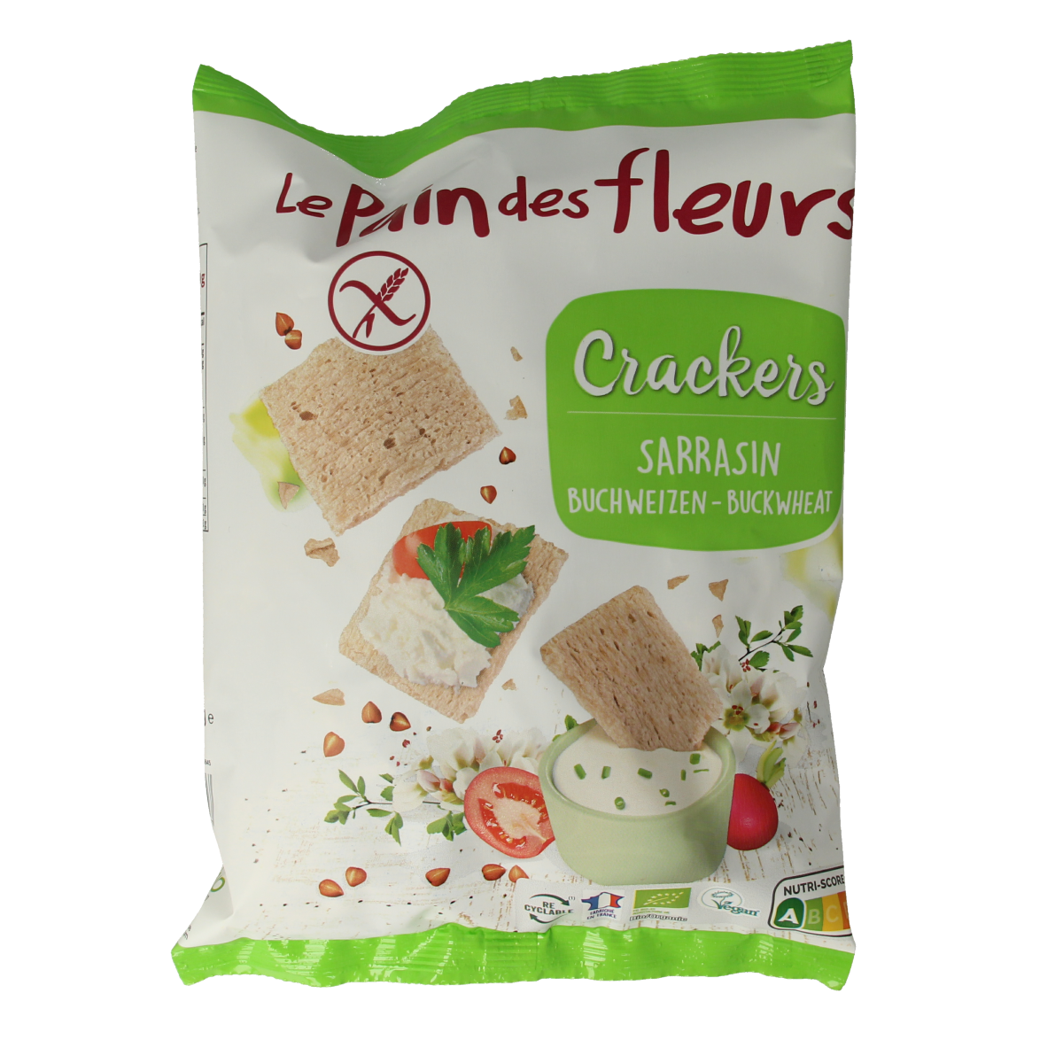 Pain Des Fleurs organic salty buckwheat snack in 75g package, close-up showing crispy, golden snack pieces.