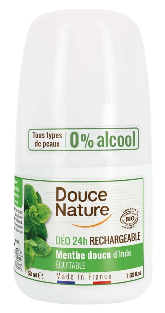 Douce Nature mint deodorant roll-on in a 50g recyclable container, featuring a fresh herbal scent and eco-friendly design.