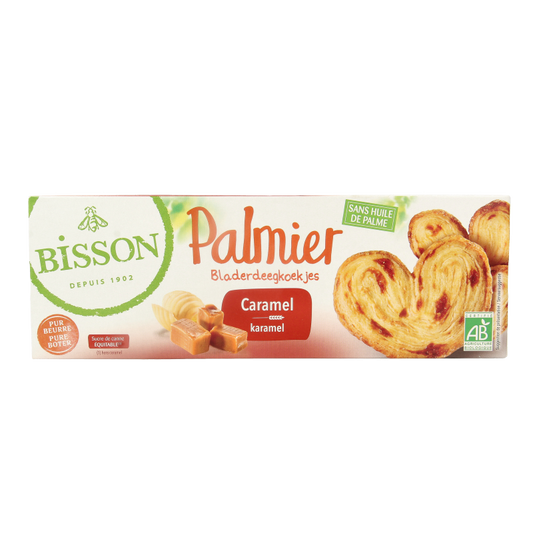Bisson Baiser Palmier bladerdeegkoek with caramel, 100g, showing golden, flaky pastry with caramel drizzle on top
