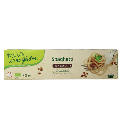 Organic bio buckwheat spaghetti from Ma Vie Sans, 400g, displayed in a clear package on a white background.