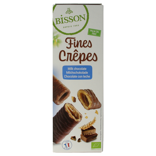 Bisson Krokante wafelrolletjes met melkchocolade bio, 90 gram, crispy chocolate-filled cookies with milk chocolate coating.