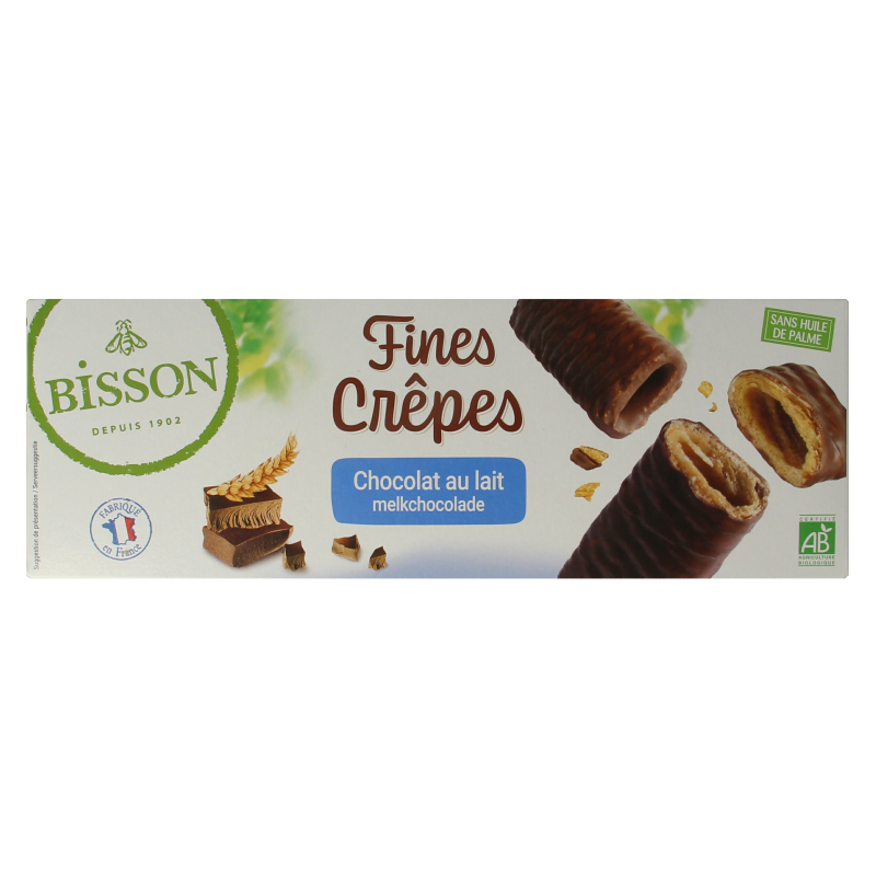 Bisson Krokante wafelrolletjes met melkchocolade bio 90 Gram