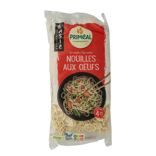 Primeal bio Eiernoedels pasta and rice, 250g, shown in a clear image with cooked and uncooked noodles.