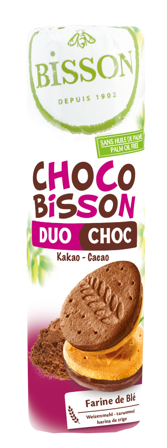 Bisson Choco Bisson Duo Choco bio cookies, 300 grams, with chocolate filling and crispy exterior, in a packaged box.