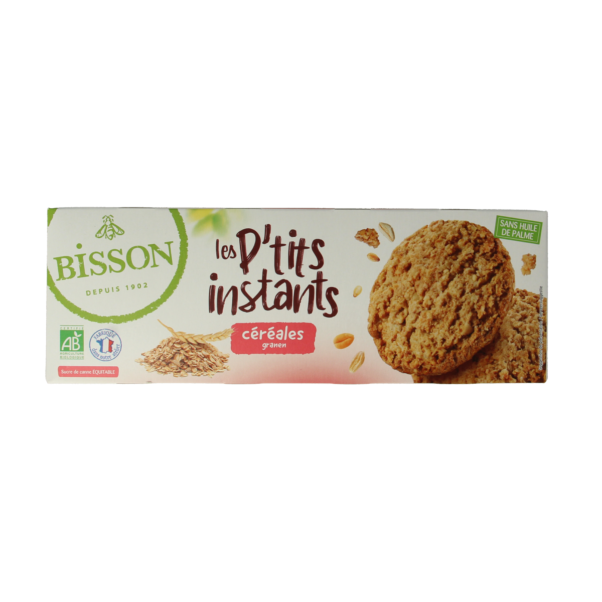 Bisson Les petits instants bio granen koekjes, 150g, showing a close-up of crunchy, whole grain cookies in a clear package.