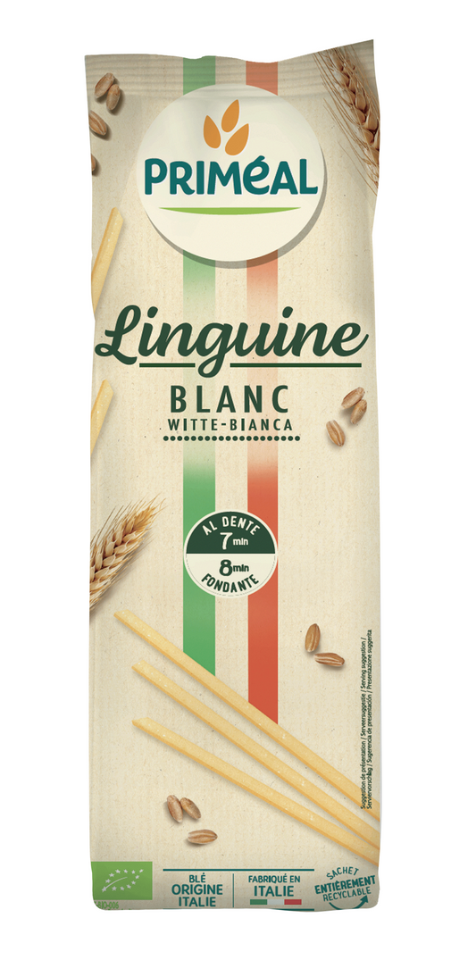 Primeal organic linguine rice pasta in 500g package, showcasing long, thin pasta strands on a neutral background.