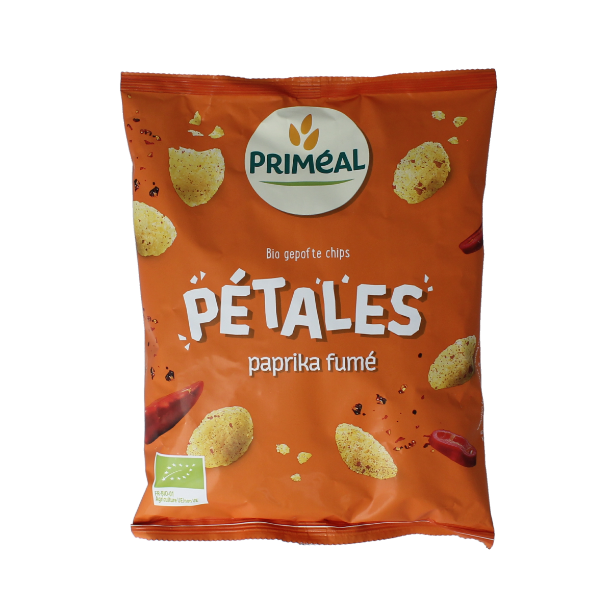 Primeal Op=Op Chips with smoked paprika, organic, 75g, crispy snack in a colorful bag with paprika seasoning visible