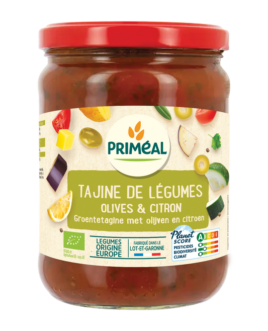Primeal ready meal with vegetables, olives, and lemon in a 500g container, showcasing fresh ingredients and vibrant colors.