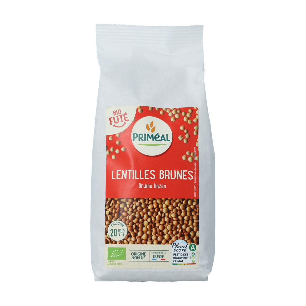 Primeal organic brown lentils in a 500g package, fresh and dry, ideal for cooking healthy meals.