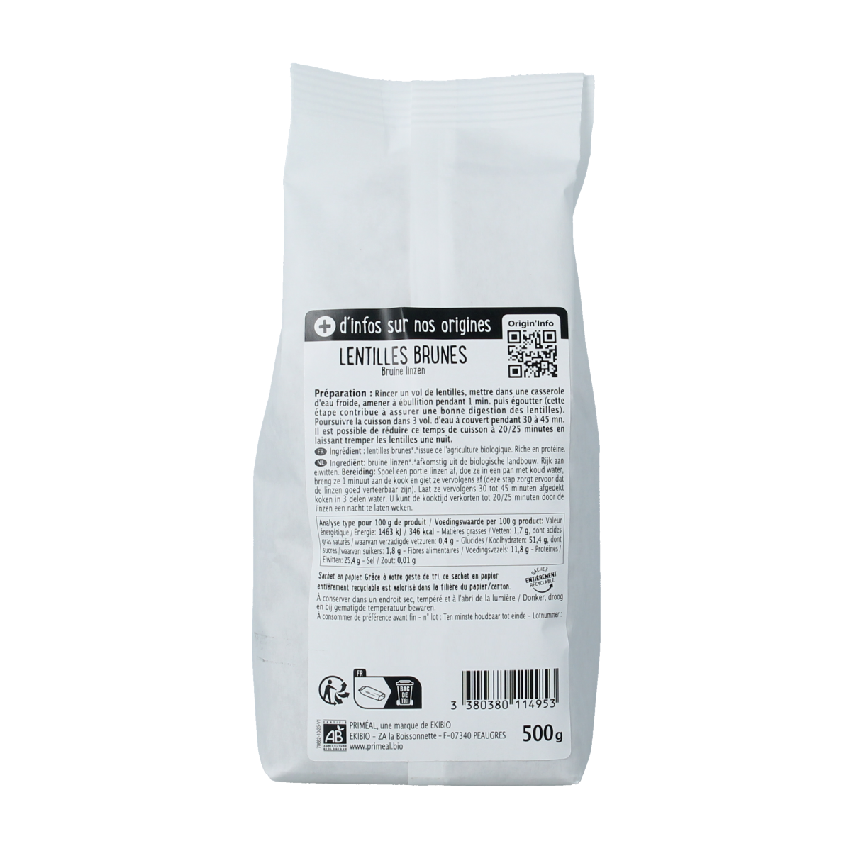 Primeal organic brown lentils in 500g package, displayed in a natural setting with fresh lentils spilling out.