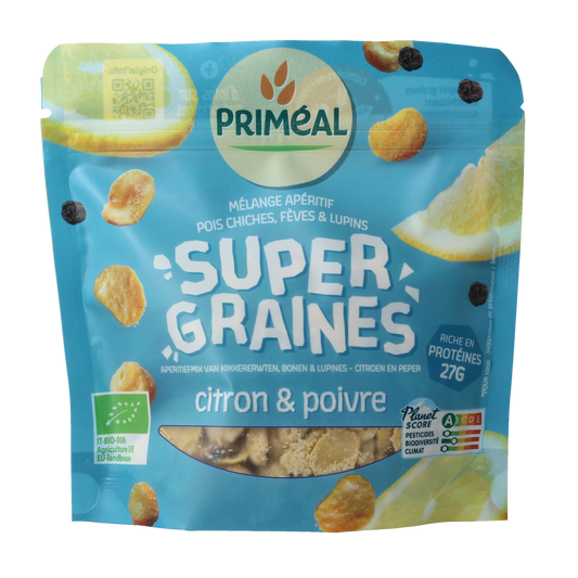 Primeal kikkererwten, bonen en lupines mix met citroen en peper in 100g verpakking, kruiden en maaltijdmix in bio kwaliteit