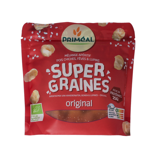 Primeal Kikkererwten, bonen en lupines mix in zout, biologische snack, 100g, healthy plant-based protein snack in a bowl.