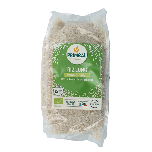 Primeal organic half-whole long grain rice in 1kg bag, natural pasta and rice product, ideal for healthy meals
