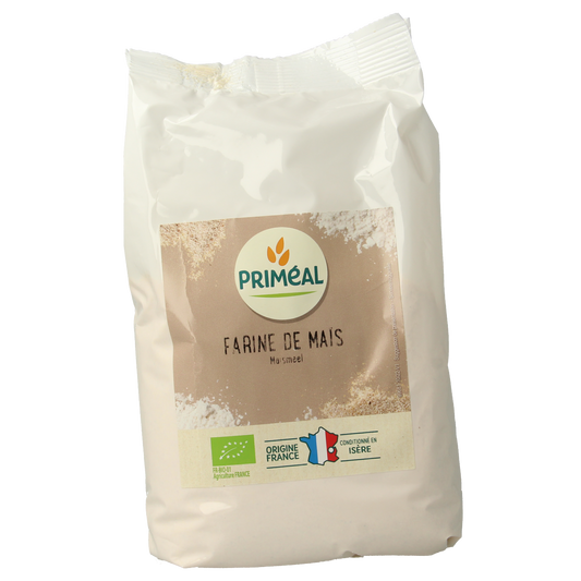 Primeal bio maize flour in 500g package, natural gluten-free baking mix, showing a bag of Primeal Maismeel bio on white background.