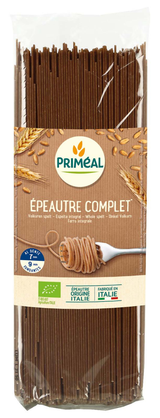 Primeal organic whole spelt spaghetti in 500g package, pasta and rice product with uncooked spelt noodles on a white background.