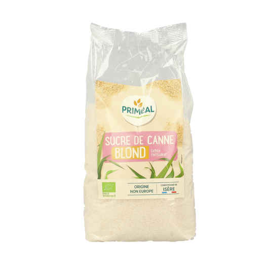 Primeal Blonde rietsuiker bio in 1 kilogram package, organic cane sugar for baking and sweetening.