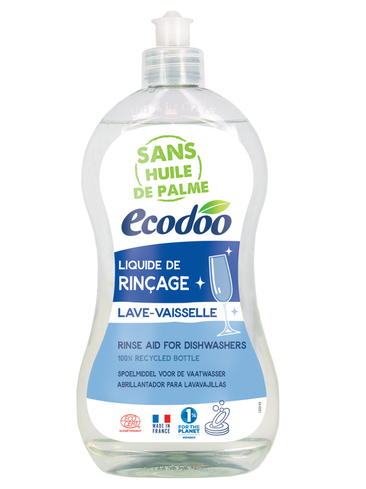 Ecodoo bio dishwasher cleaner in a 500ml bottle, eco-friendly dishwashing liquid with natural cleaning ingredients.