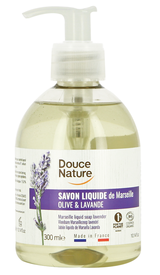 Liquid lavender Marseille soap by Douce Nature in a 300ml bottle, featuring a clear container with lavender-colored soap inside.