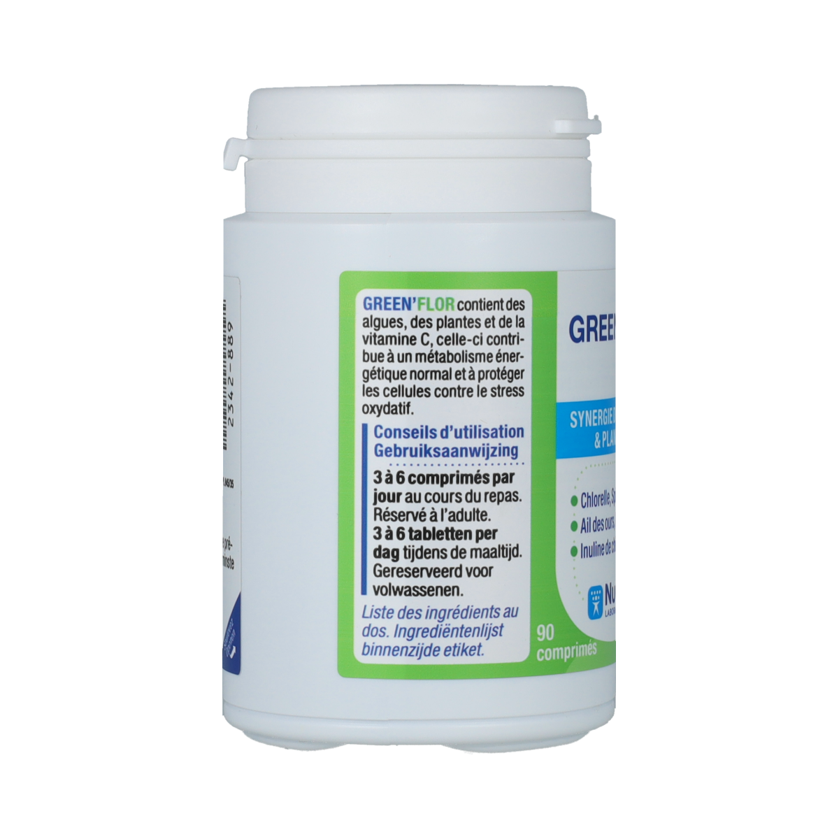 Nutergia Green Flor herbal supplement tablets, natural botanical blend in a bottle, for supporting overall wellness.