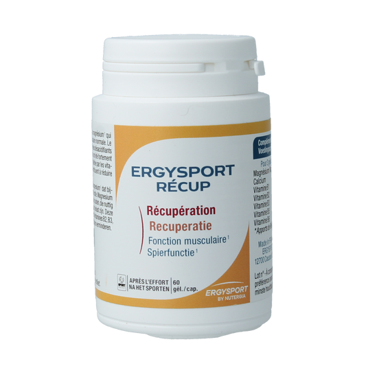 Nutergia Ergysport Recup mineral capsules in a bottle, showing the supplement's label and capsule details.