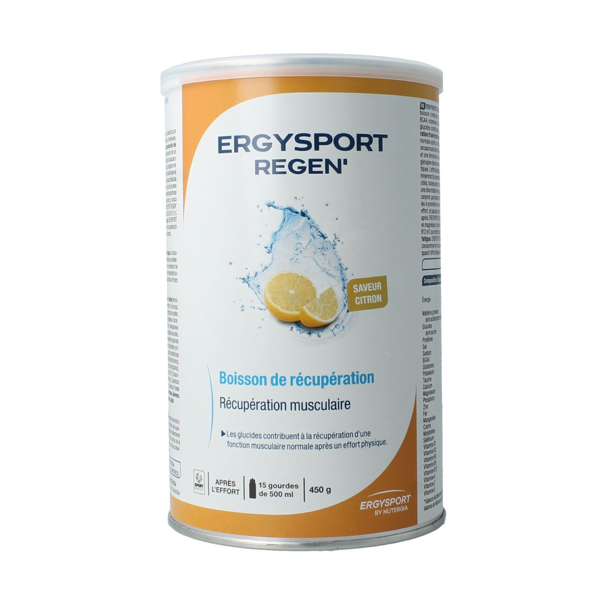 Nutergia Ergysport Regen Citroen amino acids supplement in a 450g container, featuring lemon flavor and nutritional packaging.
