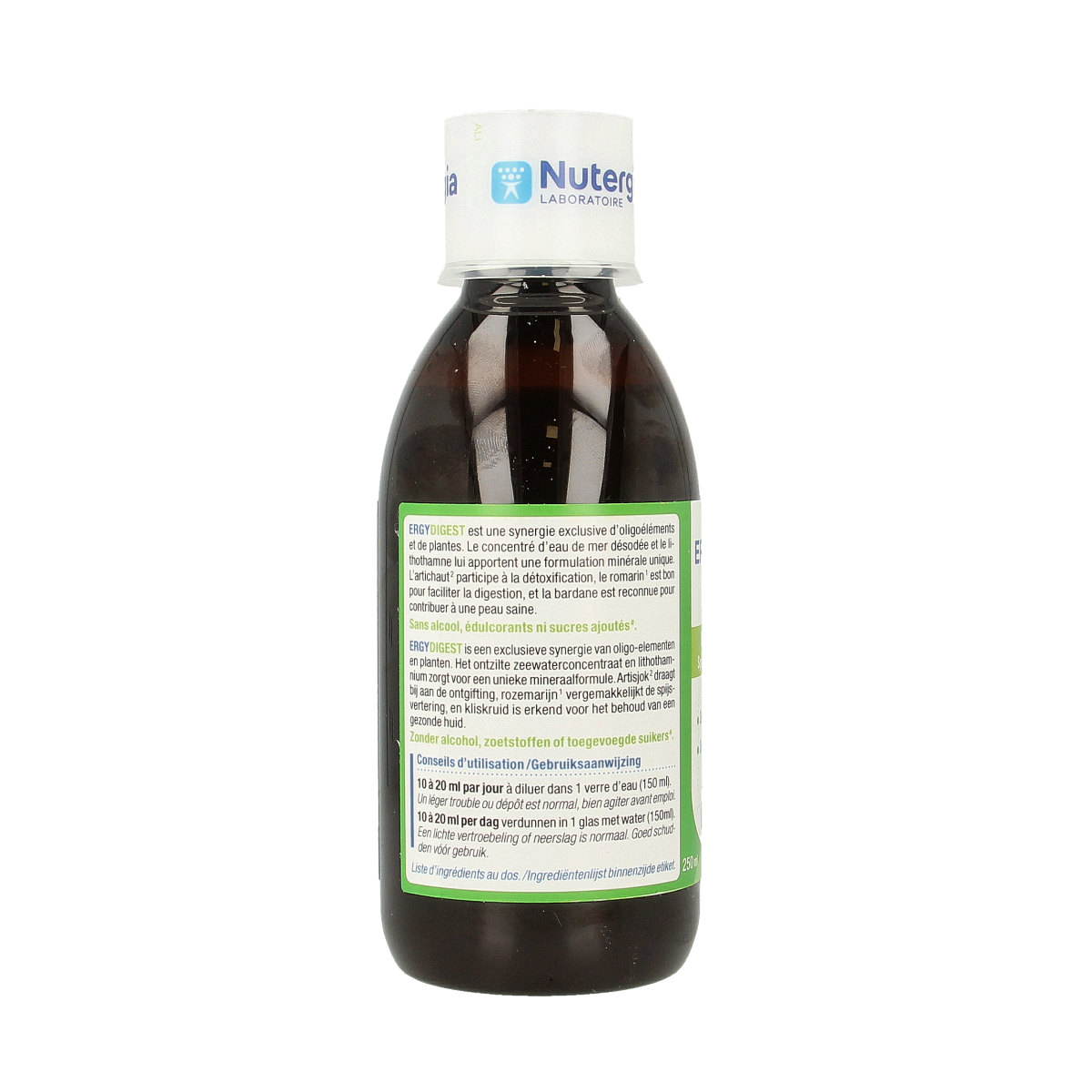 Nutergia Ergydigest herbal supplement bottle with 250ml capacity, featuring a white cap and label displaying product details.