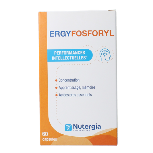 Nutergia Ergyfosforyl Vetzuren capsules, showing a bottle with 60 capsules and the product label.