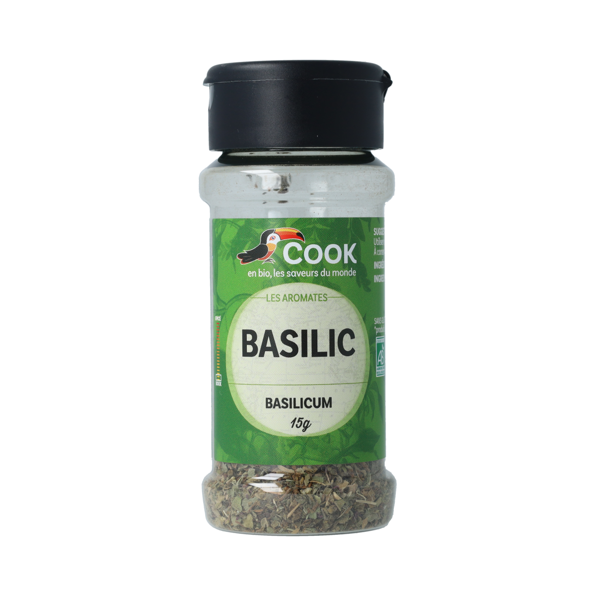 Cook Basilicum bio 15g, organic fresh basil herb in a clear package, ideal for cooking, seasoning, and meal preparations.