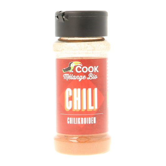Cook bio Chilikruiden 35g, organic chili spice blend in a clear jar with a black lid, labeled with product details.