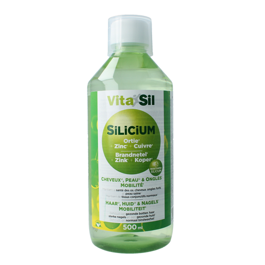 Vitasil Haar, huid en nagels kruidenpreparaat in 500ml fles, herbal supplement for hair, skin, and nails.