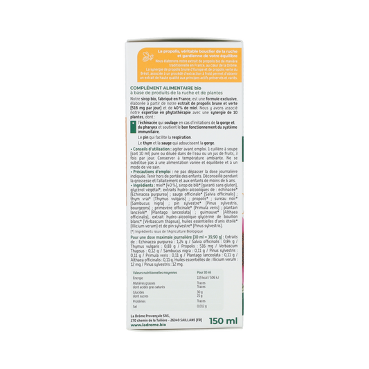 Ladrome Propolis kruidenborstsiroop, suikervrij bio, 150ml, herbal throat remedy with propolis in a glass bottle