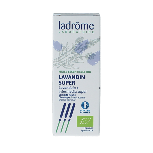 Ladrome Bio Lavandin essential oil in a 10ml bottle, natural aromatic oil for aromatherapy and relaxation.