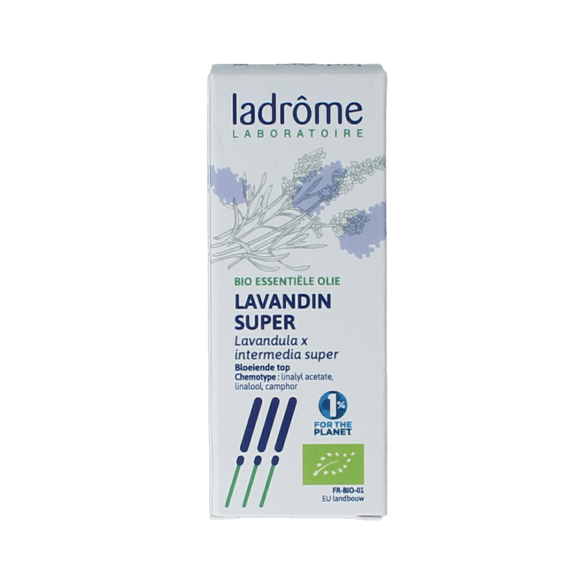 Ladrome bio lavandin essential oil in a 10ml bottle, showcasing the clear liquid and label on the glass container.