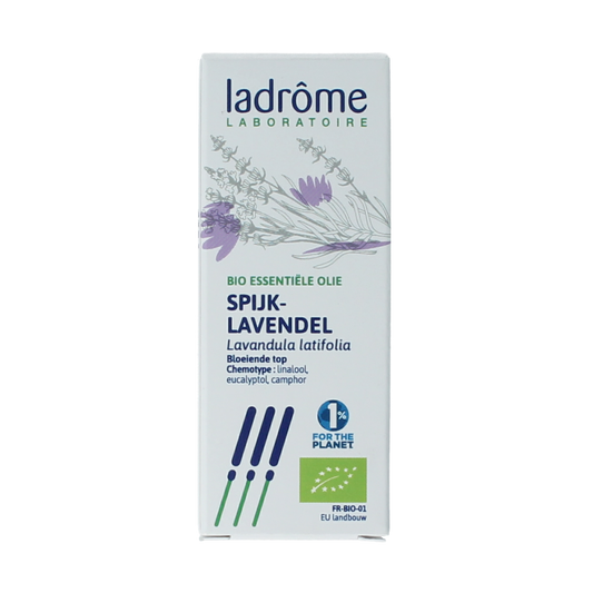 Ladrome lavendel bio essential oil in a 10ml bottle, featuring a clear glass container with a lavender-colored label and cap.