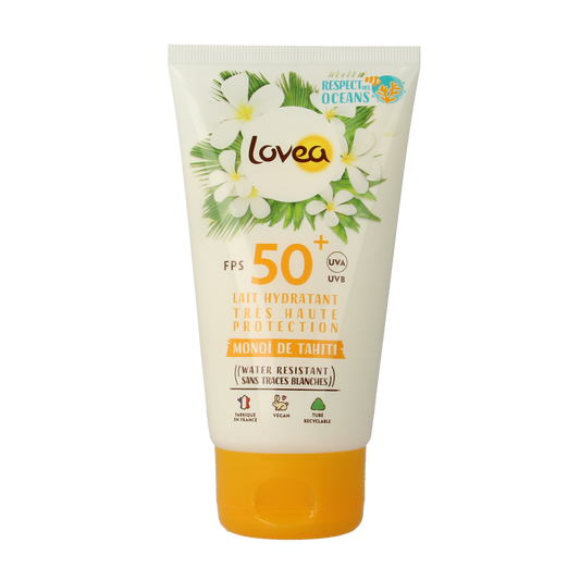 Lovea moisturizing milk SPF50+ sunscreen bottle with 150ml capacity, featuring a white pump dispenser and minimalist design.