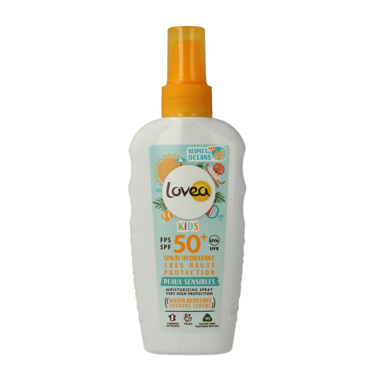 Lovea Kids SPF50+ moisturizing sun spray in a 150ml bottle, featuring a kid-friendly design and sun protection label.