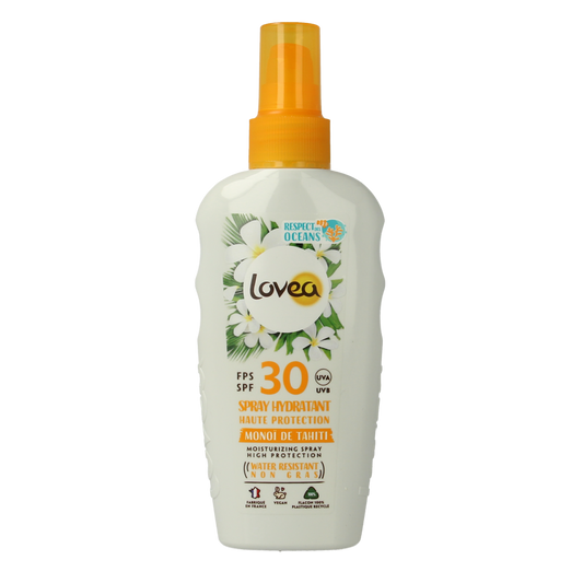 Lovea moisturizing SPF 30 sun spray in a 150ml bottle, designed to hydrate and protect skin from sun exposure.